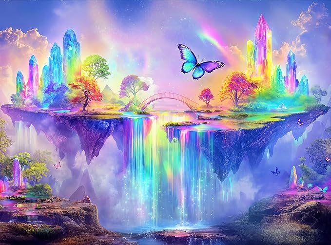1000 Piece Jigsaw Puzzle for Adults - Fantasy Butterfly and Rainbow Crystal Waterfall - Magical Landscape - Challenging Puzzle Perfect for Game Nights. 20x27 inches