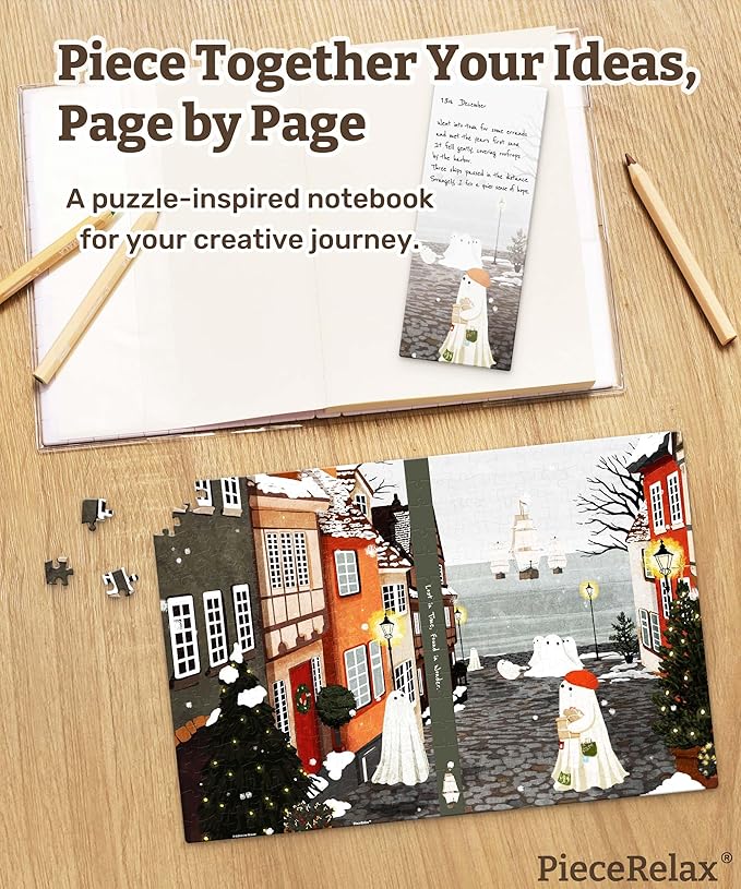 PieceRelax A5 3D Puzzle Journal for Adults, 300 Piece Plastic Jigsaw Book Cover (Includes Notebook) - Katherine Blower - Harbor’s First Snow, Unique Gift [YA1074]