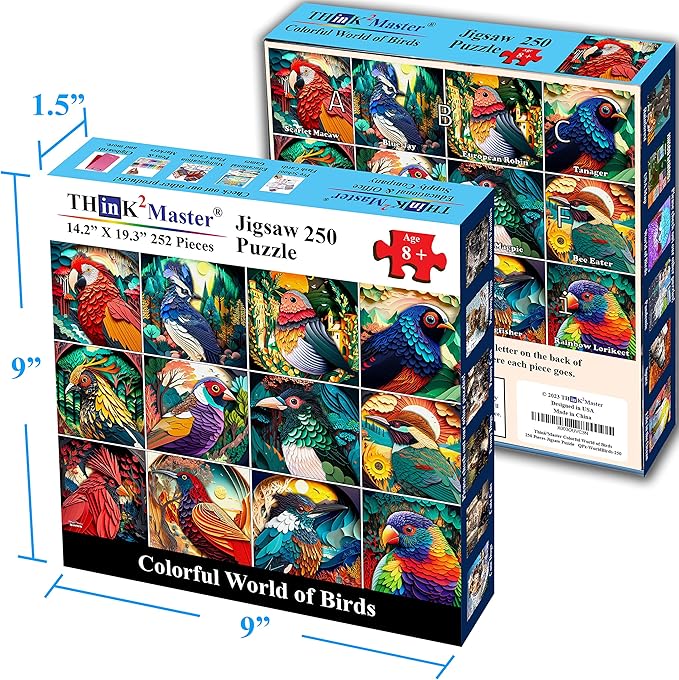 Think2Master Colorful World of Birds 250 Pieces Jigsaw Puzzle Featuring heartwarming Bird Puzzle for Adults and Teens. Paper Cut Craft Style Size: 14.2” X 19.3”