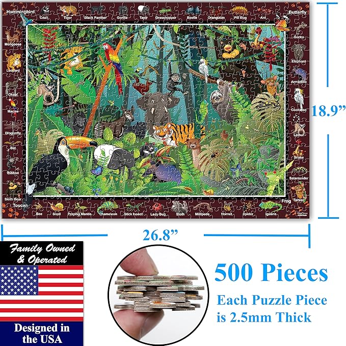 Think2Master Rainforest Jungle Animals 500 Pieces vith Large Pieces Jigsaw Puzzle for Seniors, Adults & Families. Great Gift Size: 26.8” X 18.9”