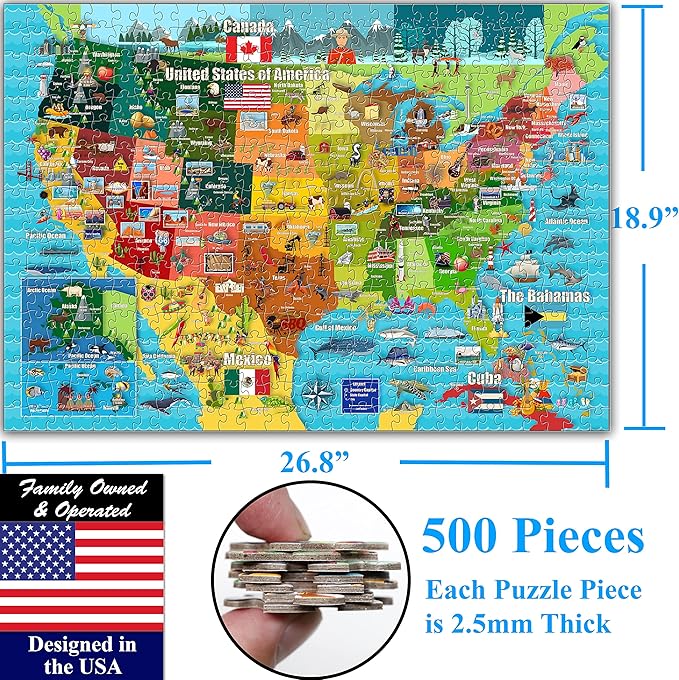 Think2Master Colorful United States Map 500 Pieces with Large Pieces Jigsaw Puzzle for 13+, Teens, Adults & Families. Great Gift for stimulating Interest in The USA Map. Size: 26.8” X 18.9”