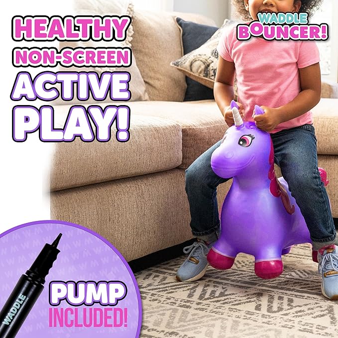 Waddle Bouncy Animal Hopper - Inflatable Hopping Animals, Indoors and Outdoors Fun, Pump Included, Riding Toys for Boys and Girls Ages 2 Years and Up, Purple Pink Unicorn