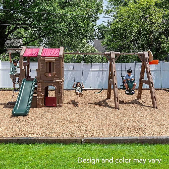 Step2 Naturally Playful Adventure Lodge Play Center with Glider, Kids Outdoor Playset, Two Tier Backyard Playground Set, Slide, Swings, Rope Ladder, Basketball Hoop, Jungle Gym, Children 3-8 Years Old