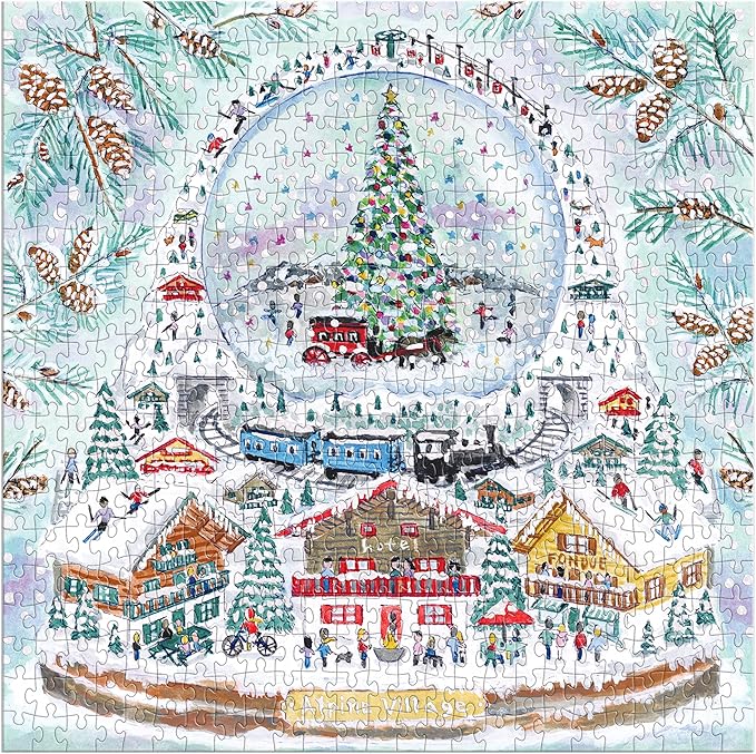 Galison Michael Storrings Alpine Village Snow Globe – 500 Piece Foil Puzzle of Christmas Snow Filled Mountains Artwork with Gold Foil Accents