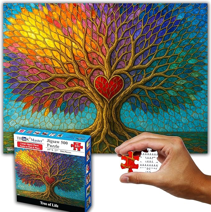 Think2Master Colorful Vibrant Stained Glass Style Artwork Tree of Life 500 Pieces Very Large Pieces Jigsaw Puzzle: 13+, Adults & Seniors. Great Gift. Size: 26.8” X 18.9”