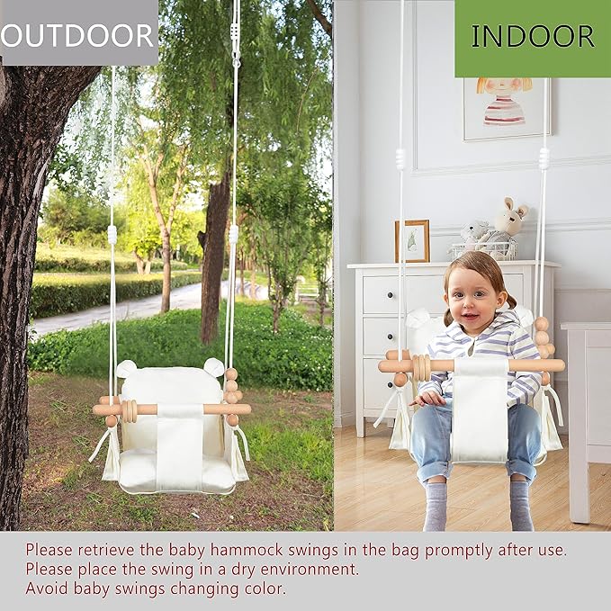 Canvas Baby Swing Seat Wooden Baby Hanging Swing Door Swing Baby Toddler Cream Indoor Baby swingSwing with Safety Belt and 2 Side Pockets for Indoor Playground Sport & Outdoor Play Toys