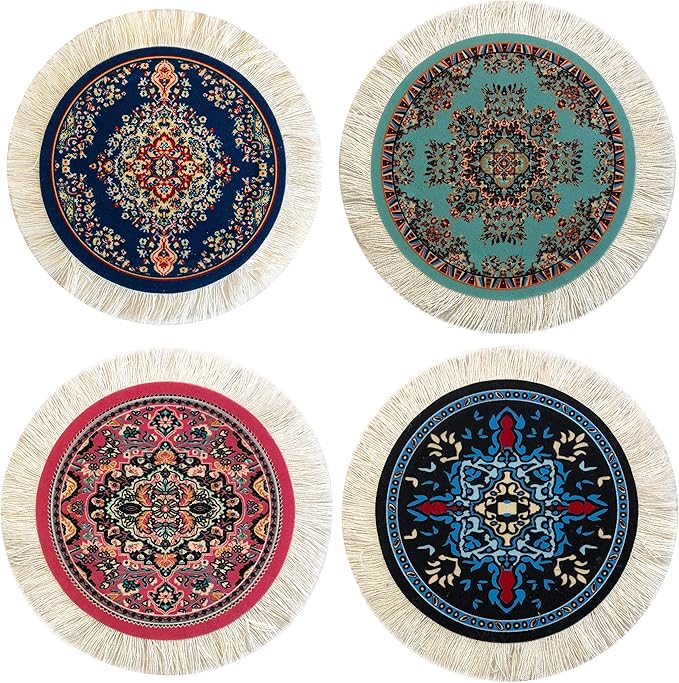 Set of 4 Round Dollhouse Rugs – Miniature Carpet Accessories for Doll Houses, 5 Inch Diameter Floor Décor, Oriental Style