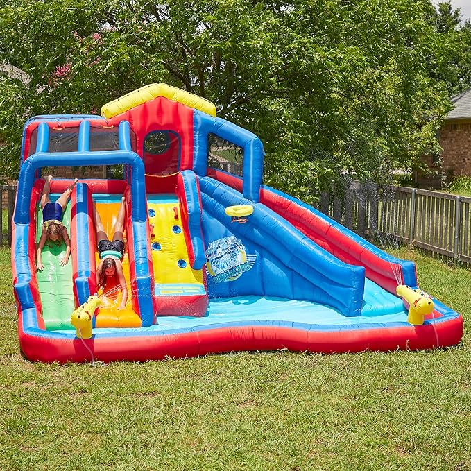 Banzai Hydro Blast Inflatable Backyard Water Slide Park for Ages 5+, Blue/Red – Outdoor Bouncy Play with Wall Climbing, Basketball Hoop, Cannons, and Lagoon Pool