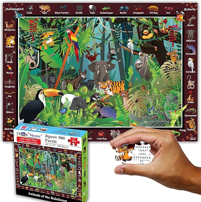 Think2Master Rainforest Jungle Animals 500 Pieces vith Large Pieces Jigsaw Puzzle for Seniors, Adults & Families. Great Gift Size: 26.8” X 18.9”