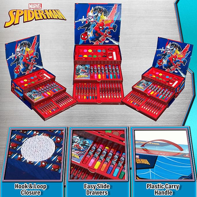 Marvel Art Case for Kids with Colored Pencils Markers Crayons Watercolors Drawing Supplies Travel Art Kit Gifts for Kids (Multicolor Spiderman)