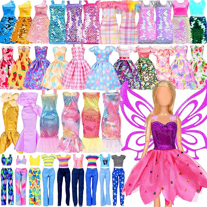BYMORE 12 Set Doll Clothes Kit, Include Fashion Dresses, Floral Dresses, Sequins Dresses, Evening Party Dresses, Fairy Dresses with Wings, Tops and Pants in Gift Box for 11"-12" Dolls