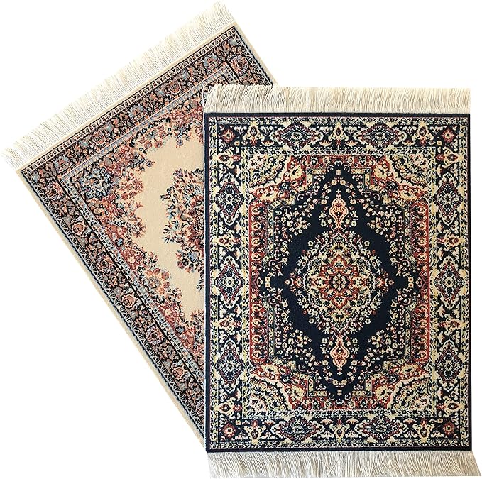 Set of 2 Dollhouse Area Rugs – Miniature Carpet Accessories for Doll Houses, 10 x 7 Inch Rectangular Floor Décor, Oriental Style