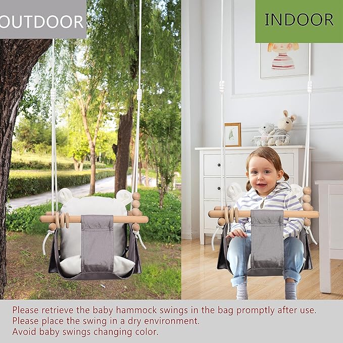 Canvas Baby Hanging Swing Baby Hammock Swings with 2 Side Pockets Safety Belt & Cotton Cushion Seat Infant Baby Swing Fabric Toddler Porch Swing Outside Hanging Baby Tree Swingoor Swings