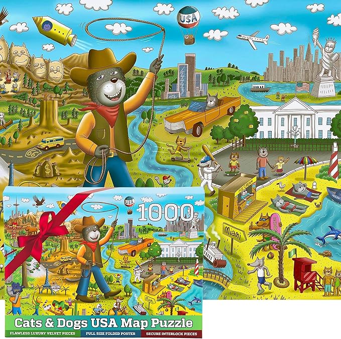 1000 Piece Puzzle for Adults & Kids - Funny Cats & Dogs USA Map Puzzle, Gift-Ready Box, Letters on Back, 8 Jigsaw Puzzle Saver Sheets & Full-Size Poster by GERJATO - Fun Educational Gift for All Ages