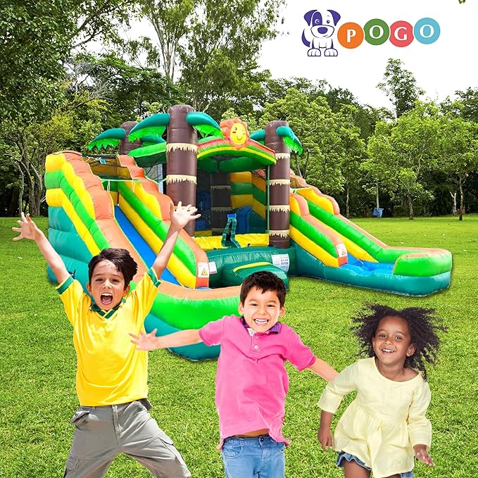 Crossover Tropical Double Water Slide Bounce House Combo, 16.5 x 15 x 11 Foot, PVC Vinyl Inflatable Bouncy House for Kids, Wet or Dry Slides, with Stakes and Storage Bag, Blower not Included