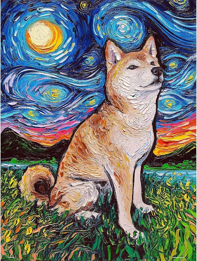 PieceRelax PieceClicks Plastic Jigsaw Puzzle for Adults 1000 Pieces - Aja Trier - Shiba Inu Night - 25.2 X 18.9 Inches, Most Satisfying Table Games, No Glue Needed [U1102]