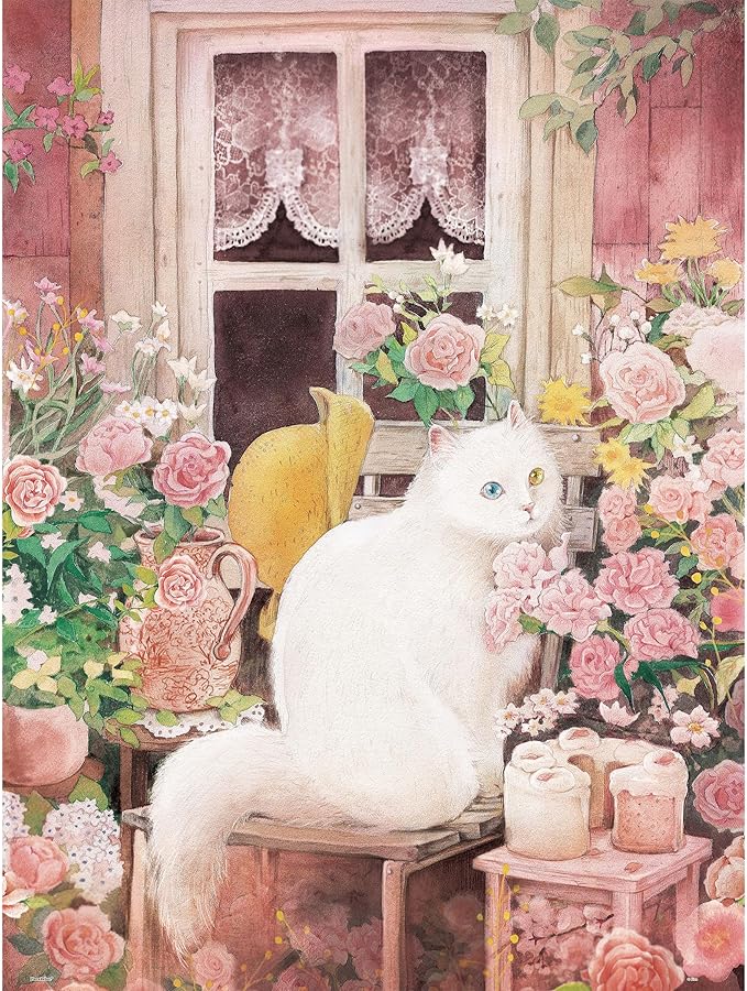 PieceRelax PieceClicks Plastic Jigsaw Puzzle for Adults 1000 Pieces - Jina - A cat in The Rose Garden - 25.2 X 18.9 Inches, Most Satisfying Table Games, No Glue Needed [U1051]