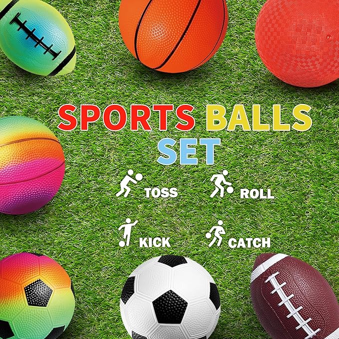 8.5 Inch Sports Balls Set 7 Pack,Playground Balls for Kids&Adults, Includes Soccer Ball, Basketball, and Football,Rainbow Ball for Outdoor & Indoor Games, Boys and Girls Gift with Gift Box