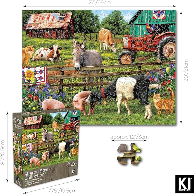 Sharon Steele 750 Piece Jigsaw Puzzle for Adults – A Day on The Farm – Difficult, Challenging, Hard & Fun Country Farmhouse Puzzle – Large 27” x 20” Whimsical Artwork – Gift for Puzzle Lovers