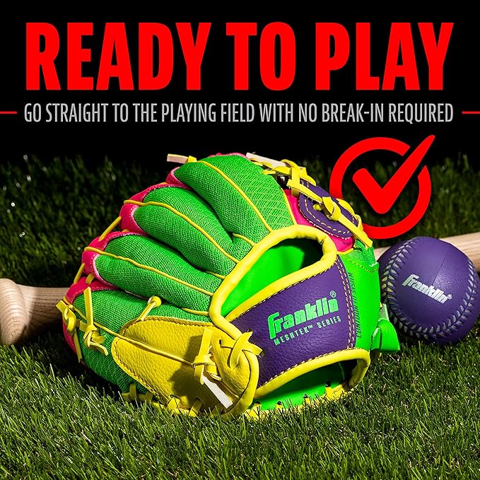 Franklin Sports Kids Baseball Glove + Foam Ball Sets - Meshtek Youth Teeball Gloves for Kids + Toddlers - Left + Right Hand Throw - 9.5" Inch