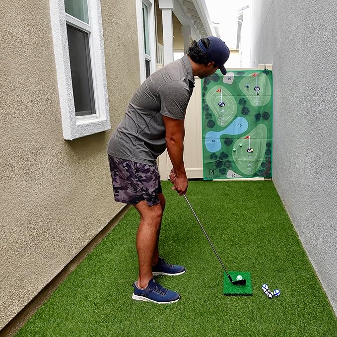 Golf Chipping Mat with Adjustable Golf Club - 48 Piece Outdoor Indoor Golf Game for 1-5 Players - Giant Turf Hitting Mat with Tee, 25 Sticky Balls, Travel Bag for Golfers for All Ages