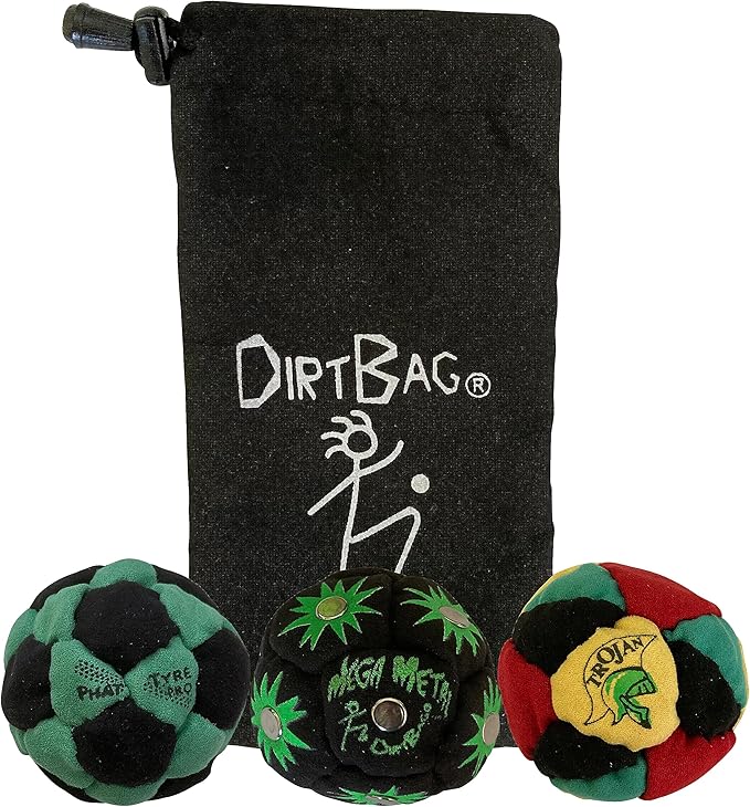 DIRTBAG Lover Footbag 3-Pack with Pouch, Includes Three Original and Unique Premium Quality Hand Sewn Footbags and Carry Pouch.
