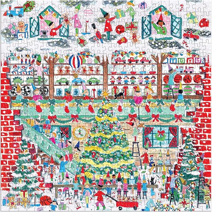 Galison Toy Workshop – 500 Piece Michael Storrings Foil Jigsaw Puzzle Featuring Beautiful Artwork of A Christmas Toy Workshop with Frosty Foil Accents