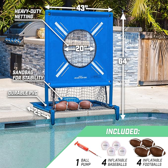 GoSports Splash Pass PRO Pool Football Game - Includes 4 Footballs, 4 Baseballs, and Ball Pump