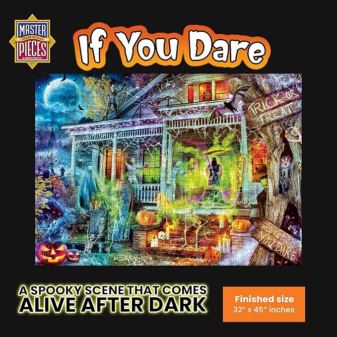 MasterPieces Halloween Glow in The Dark Jigsaw Puzzle – 1000 Piece Haunted House Trick-or-Treat Puzzle for Adults Teens & Families Spooky Holiday Game Large Puzzle Decor 19.25” x 26.75”