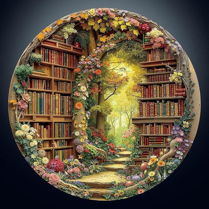 Round Jigsaw Puzzle 1000 Pieces - Enchanted Forest Library Design - 26.6" Circular Challenge, Book Lovers Aesthetic Decor, Mindful Activity Gift for Adults & Teens