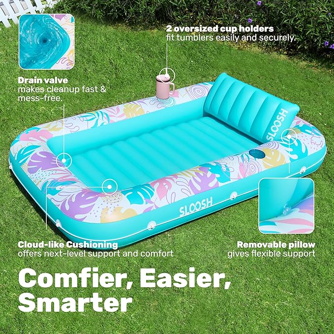 SLOOSH Inflatable Tanning Pool Lounger Float, 70" x 46" Pool Floats Adult with Pillow, 4 in 1 Suntan Tub Raft Floatie,Sunbathing Bed Lounge for Water Blow Up Ball Pit Party Gifts, L-Tropical Blue