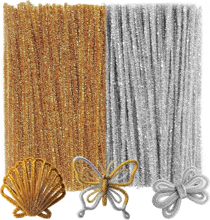 Caydo 200 Pieces Glitter Golden & Silver Pipe Cleaners, Thick Fluffy Chenille Stems, Pipe Cleaner Crafts for Arts & Crafts, Perfect for Making Animals, Flowers, and Easter Decorations