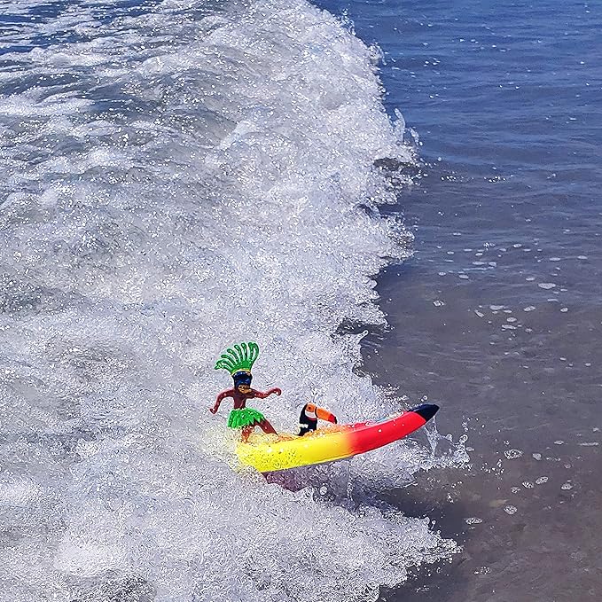 Surfer Dudes Legends & Surfer Pets Wave Powered Mini-Surfer, Pet and Surfboard Beach Toy - Teahupo'o Tiki and Toucan Tiki