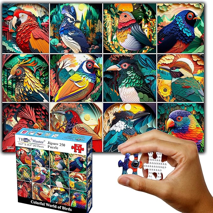 Think2Master Colorful World of Birds 250 Pieces Jigsaw Puzzle Featuring heartwarming Bird Puzzle for Adults and Teens. Paper Cut Craft Style Size: 14.2” X 19.3”