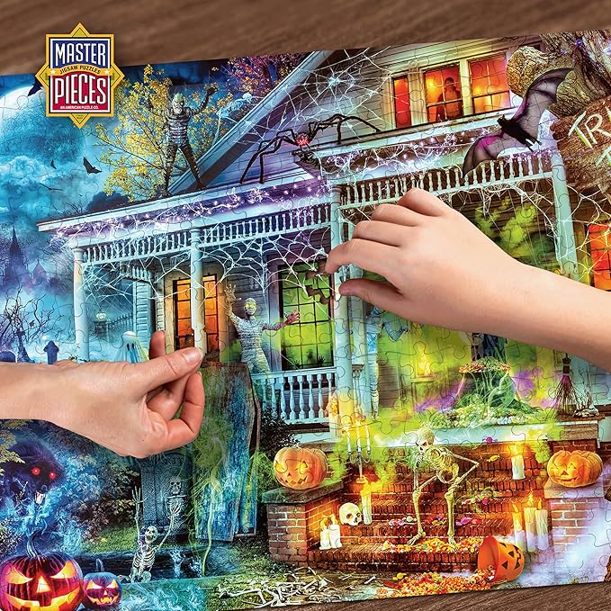 MasterPieces Halloween Glow in The Dark Jigsaw Puzzle – 1000 Piece Haunted House Trick-or-Treat Puzzle for Adults Teens & Families Spooky Holiday Game Large Puzzle Decor 19.25” x 26.75”