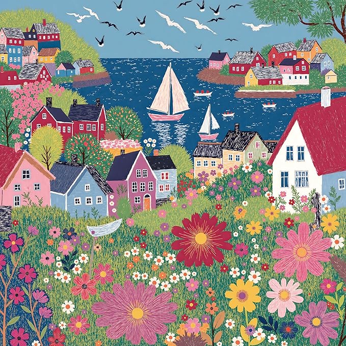 Jigsaw Puzzles for Adults 1000 Pieces, Peaceful Art Colorful Square Challenging Game for Family Activity Home Decor, 22.5x22.5 Inches, Seaside Town