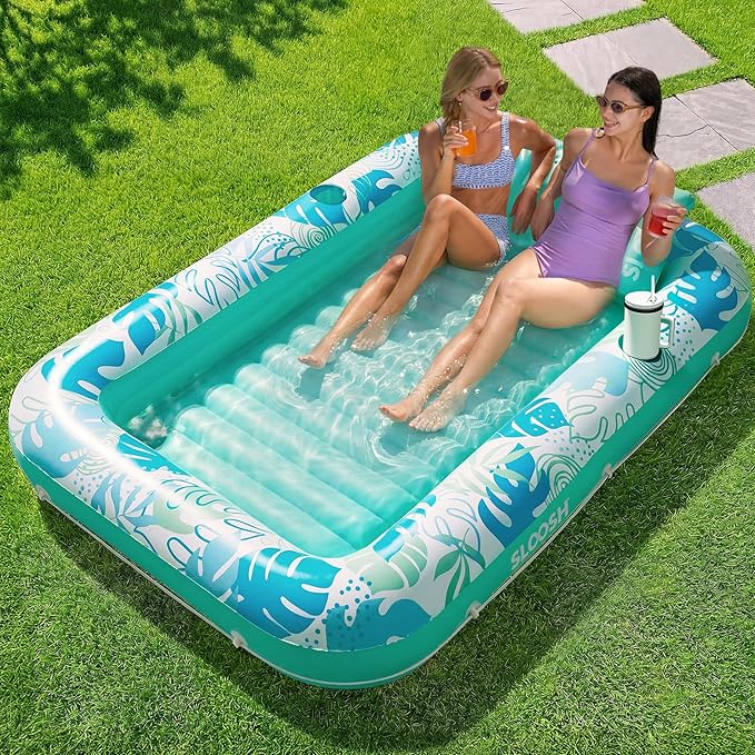 SLOOSH Inflatable Tanning Pool Lounger Float,85" x 57" Extra Large Pool Floats Adult with Pillow,4 in 1 Suntan Tub Raft Floatie,Sunbathing Bed Lounge Blow Up Ball Pit Party Gifts,XL-Cyan White