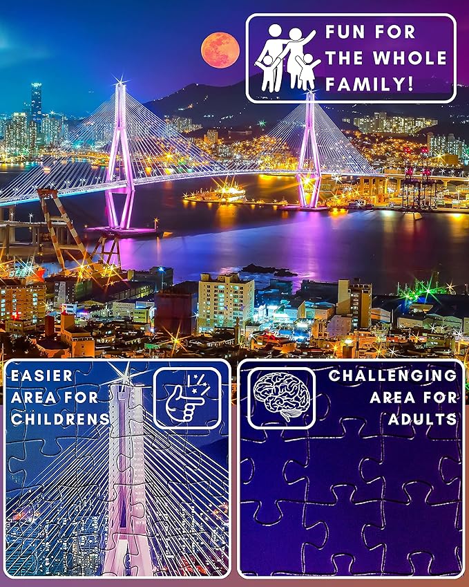1000 Piece Puzzle for Adults - Vibrant Night Cityscape with Moonlit Bridge, Gift-Ready Box, Letters on Back, 8 Jigsaw Puzzle Saver Sheets & Full-Size Poster by GERJATO - Ideal Gift for Loved Ones