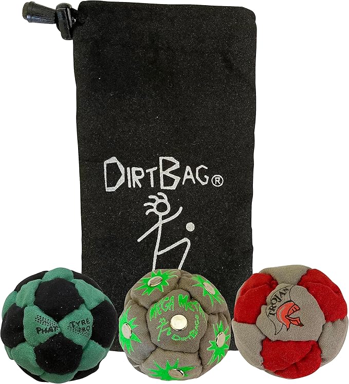 DIRTBAG Lover Footbag 3-Pack with Pouch, Includes Three Original and Unique Premium Quality Hand Sewn Footbags and Carry Pouch.
