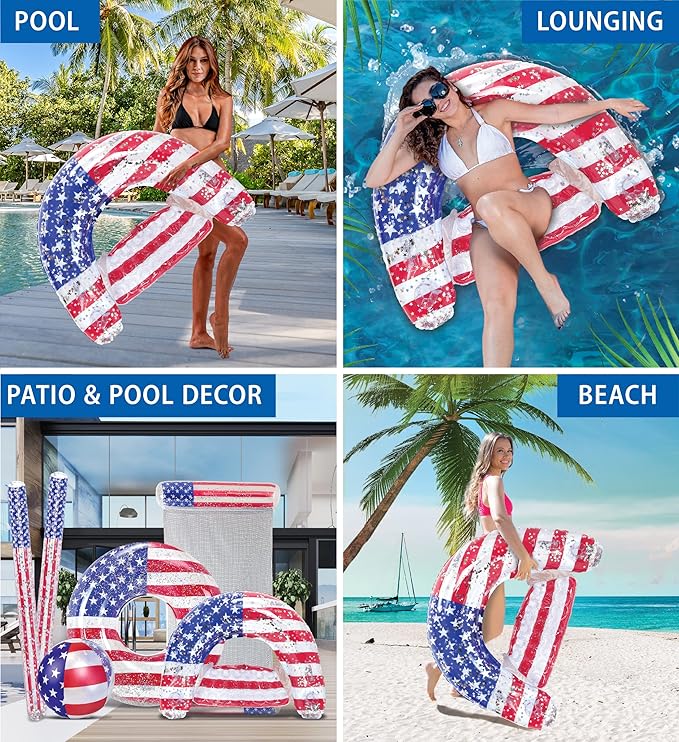 POZA Inflatable USA Pool Float - Luxurious Fun Lounger Filled with Sparkle Silver Stars Confetti, Cool USA Flag Design Water Swimming Pool Floaties for Beach, Lake & Pool