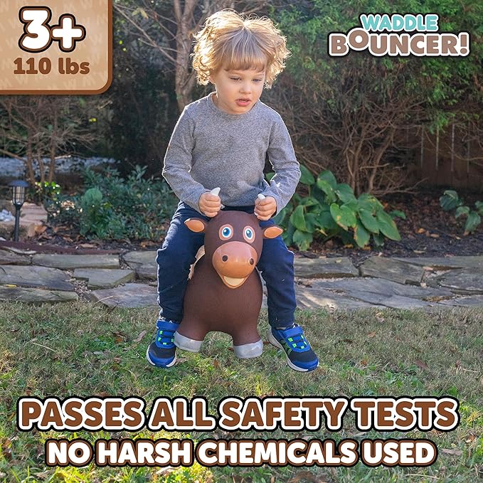 WADDLE Bouncy Hopper Inflatable Hopping Animal, Indoors and Outdoors Toy for Toddlers and Kids, Pump Included, Boys and Girls Ages 2 Years and Up (Brown Bull)