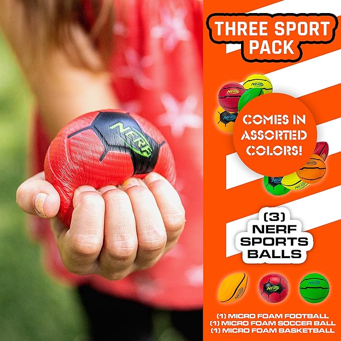 Nerf Micro Foam Sports Ball Set - Kids Foam Micro Football, Soccer Ball + Basketball Set Soft Stress Relief for Kids - Assorted Color