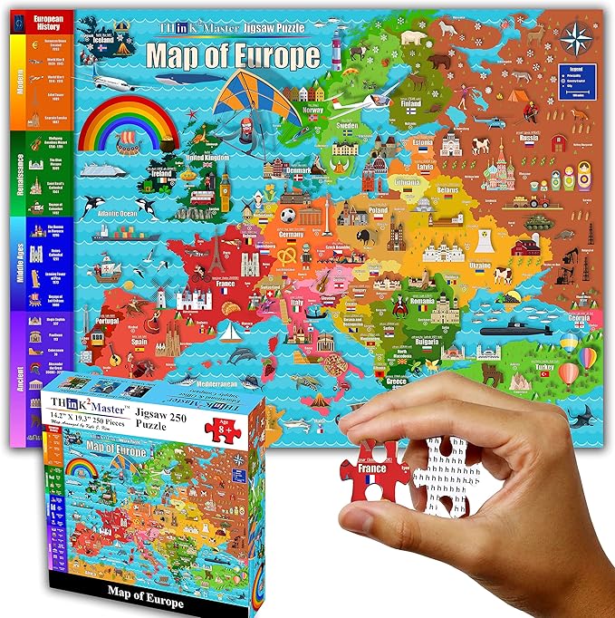Think2Master Colorful Map of Europe 250 Pieces Jigsaw Puzzle. Great Puzzle for Adults & Seniors Easier to Handle Larger Pieces. Size: 14.2” X 19.3”