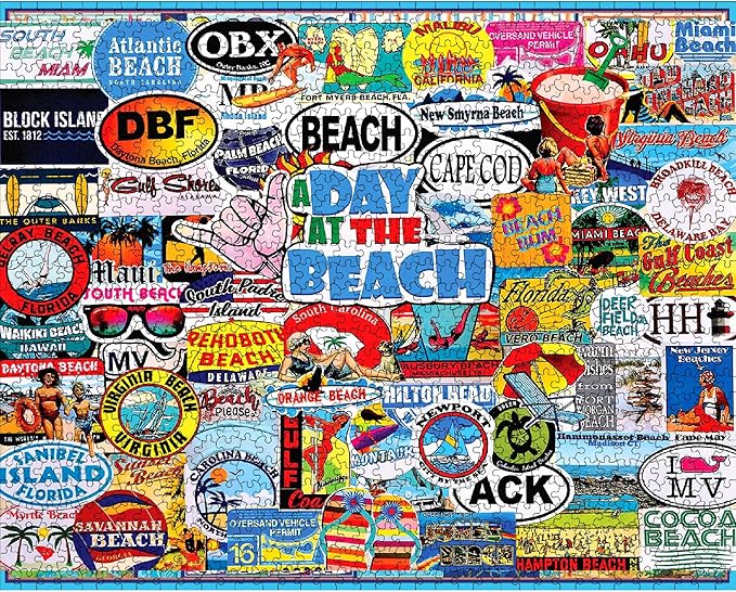 White Mountain 1000 Piece Jigsaw Puzzle Fun Summer Location Collage Puzzles with Large Pieces Gift for Adults and Family 24"x30" - A Day at The Beach