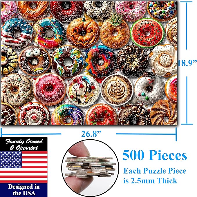 Think2Master Donuts 500 Pieces Jigsaw Puzzle with Very Large Pieces for Adults, Seniors & Families. Great Gift Ages 13+. Size: 26.8” x 18.9”