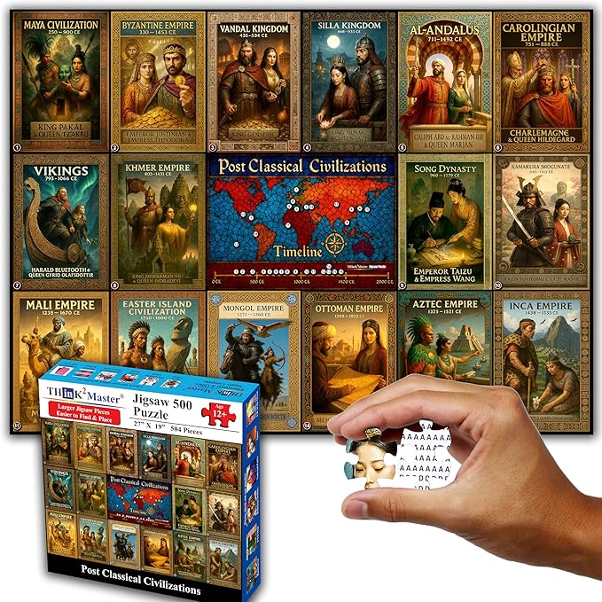 Think2Master Colorful Post Classical Civilization 500 Pieces Large Format Jigsaw Puzzle: 13+, Teens, Adults & Families. Great Gift with Historical Timeline & World Map. Size: 26.8” X 18.9”