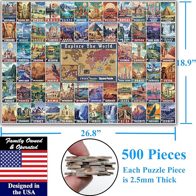 Think2Master Colorful Vintage World Travel Poster 500 Pieces Large Format Jigsaw Puzzle for 13+, Teens, Adults & Families. Great Gift for People Intent in Traveling The World. Size: 26.8” X 18.9”