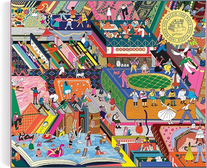 Galison Novel Neighborhood – 1000 Piece Foil Puzzle with Bright and Bold Literature and Iconic Books Artwork with Gold Foil Accents for Adults and Families