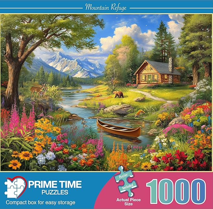 1000 Piece Jigsaw Puzzle for Adults - Log Cabin by a Mountain Lake - Challenging Puzzle - Adult 1000 Piece Puzzle - Wildlife Floral Landscape Scene with Canoe. 20x27 inches