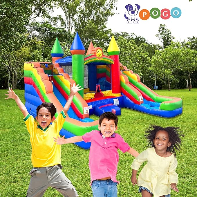 Crossover Rainbow Double Water Slide Bounce House Combo, 16.5 x 15 x 11 Foot, PVC Vinyl Inflatable Bouncy House for Kids, Wet or Dry Slides, with Stakes and Storage Bag, Blower not Included
